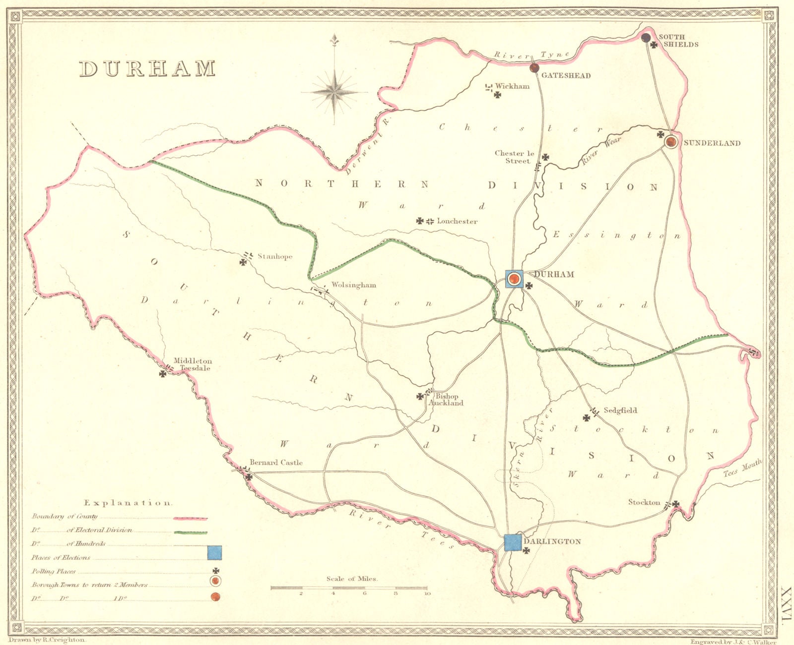 DURHAM. Creighton Walker 1835 old antique vintage map plan chart